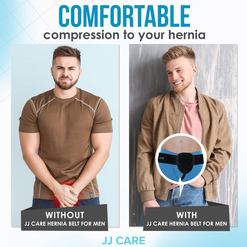 JJ CARE Hernia Belt for Men with 2 Removable Compression Pads - Hernia Belt Truss for Single or Double Inguinal Sports | Pain Relief Recovery Strap - Hernia Support Brace with Adjustable Waist Strap